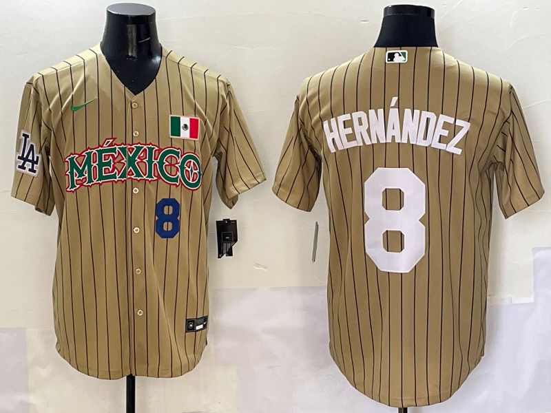 Men Los Angeles Dodgers 8 Hernandez Brown Stripe Mexico Joint Name 2025 Nike MLB Jersey style 9